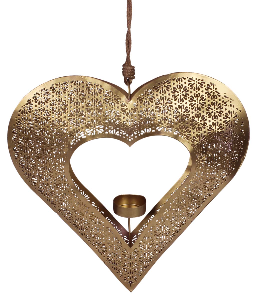 Buy in Bulk Wholesale Hanging Tea-Light Candle Holder in Heart-Shape - Handmade in Cast Iron Golden Color Finish - Metal Votive Candle Stands - Party Decorations - Gifts from India